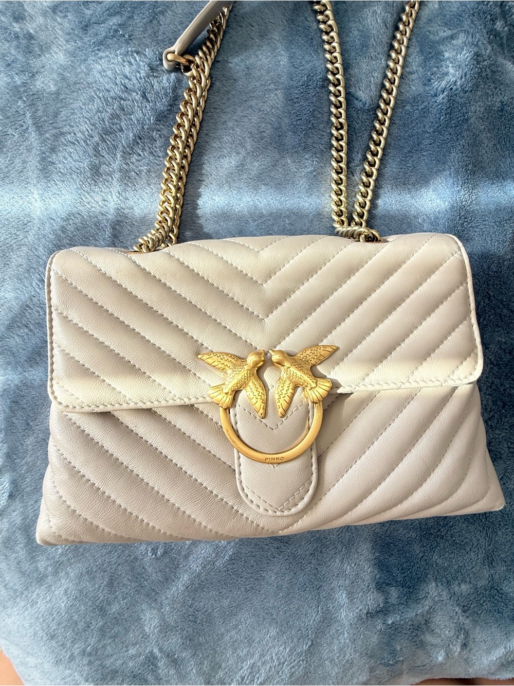 PINKO Love Bag Chevron Greige Leather Gold Chain Shoulder Bag